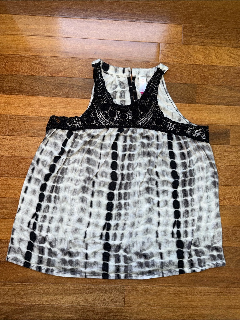 No Boundaries Black Crochet Yoke Tank with White & Black Print